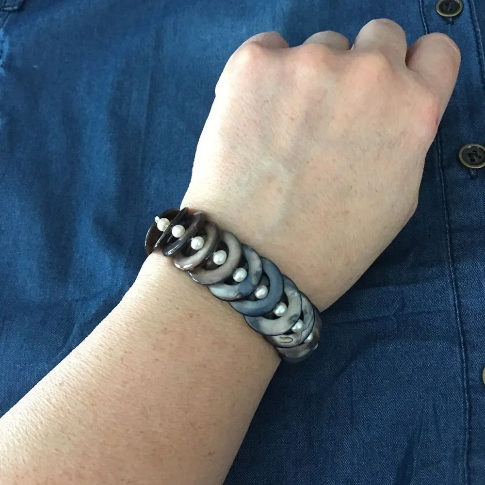 Turquoise Black Brown Shell Pearl stretch‎ Bracelet